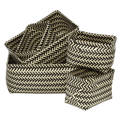 Set of 5 Woven Storage Baskets, Black and White