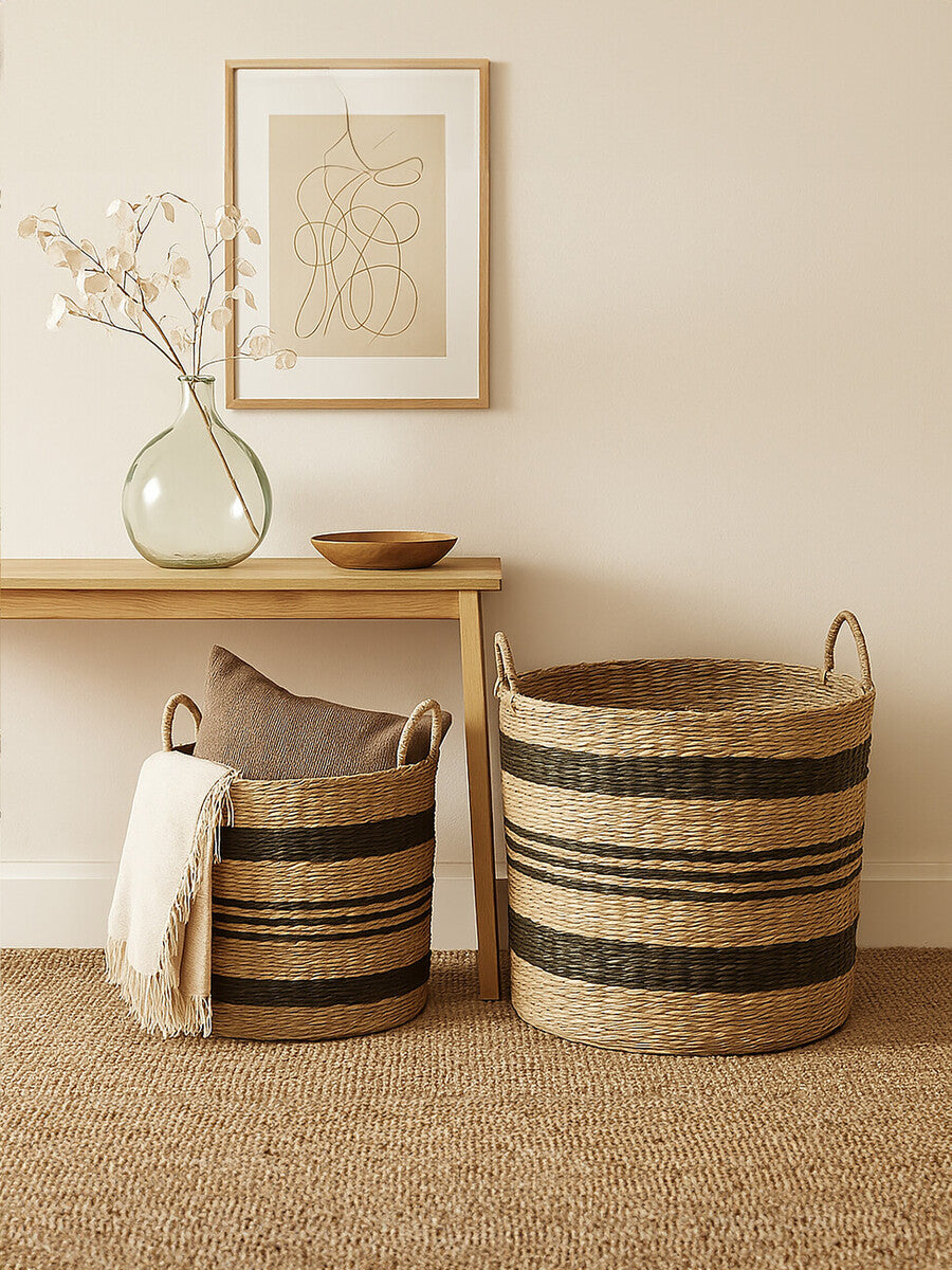 Arles Black and Natural Seagrass Storage Baskets, Set of 2