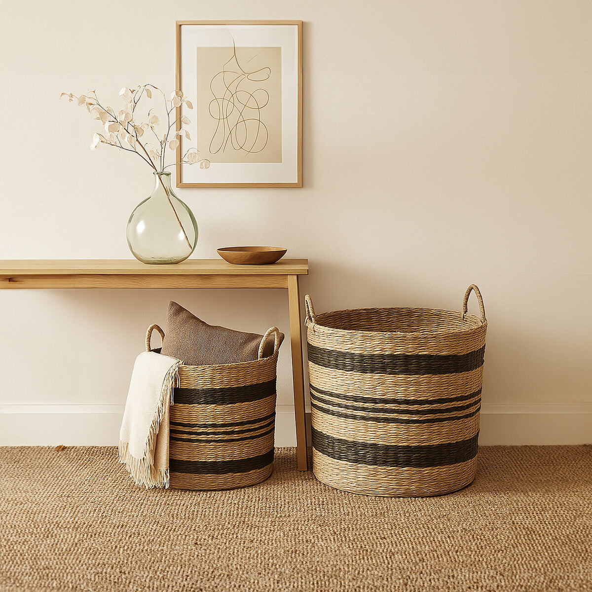 Arles Black and Natural Seagrass Storage Baskets, Set of 2