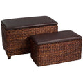 Cattail Rattan and Faux Leather Storage Ottomans, Set of 2