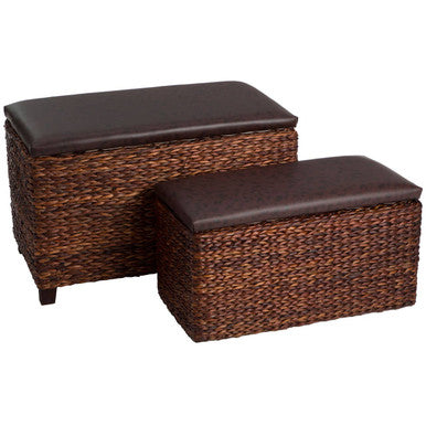 Cattail Rattan and Faux Leather Storage Ottomans, Set of 2