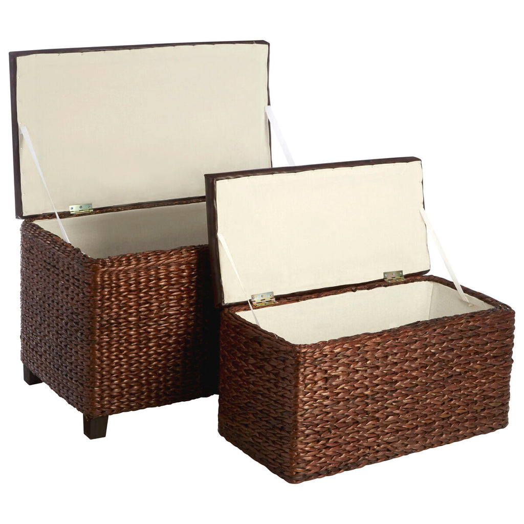 Cattail Rattan and Faux Leather Storage Ottomans, Set of 2
