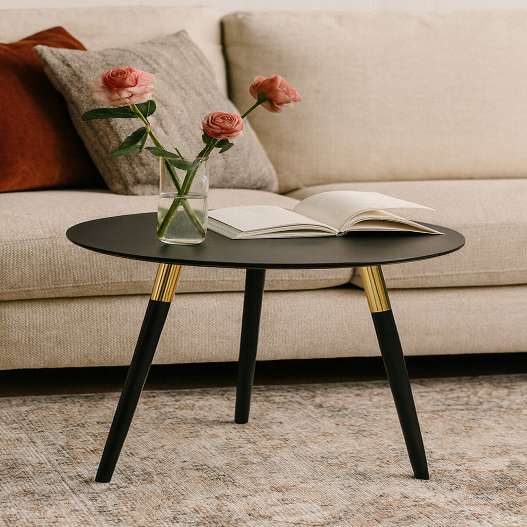 Nostra Black Oak Round Coffee Table, Gold Trim