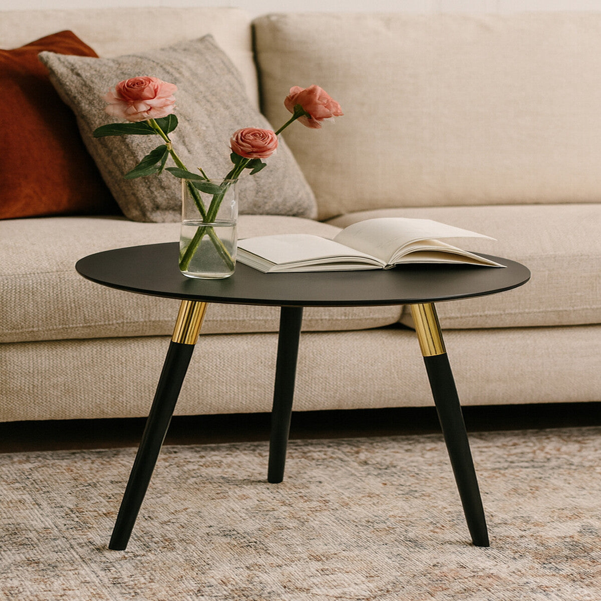 Nostra Black Oak Round Coffee Table, Gold Trim