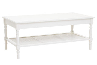 Heritage White Coffee Table with Rattan Shelf