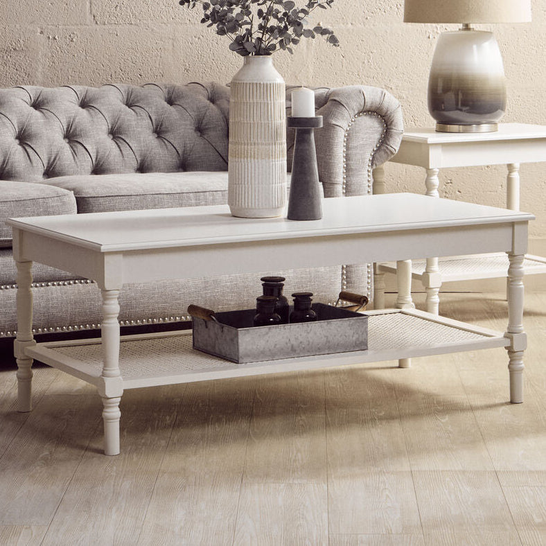 Heritage White Coffee Table with Rattan Shelf