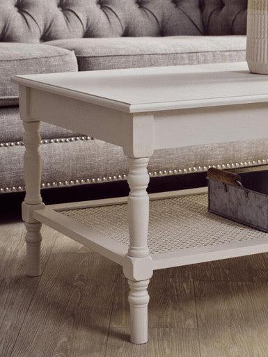 Heritage White Coffee Table with Rattan Shelf