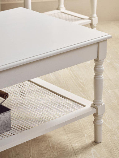 Heritage White Coffee Table with Rattan Shelf