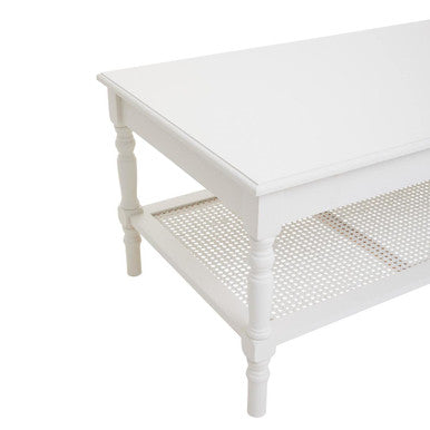 Heritage White Coffee Table with Rattan Shelf