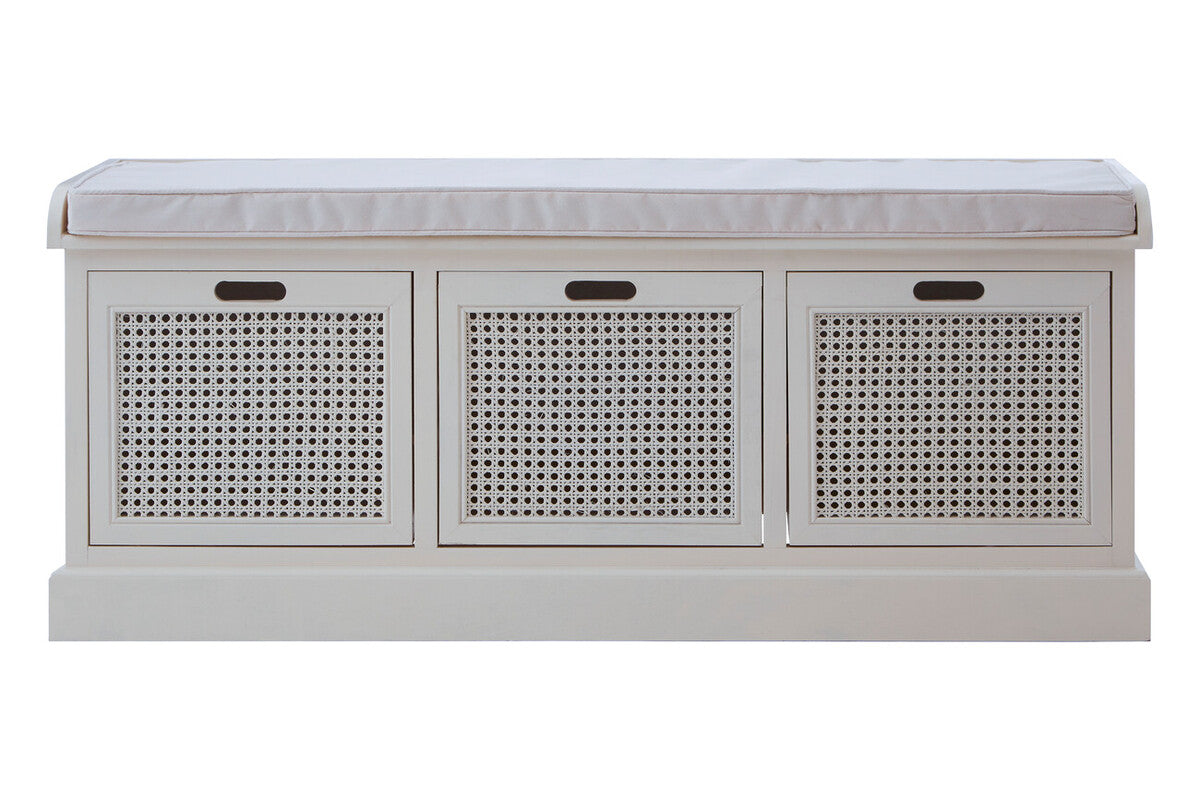 Heritage White Rattan Storage Bench with 3 Drawers