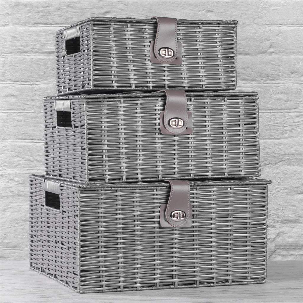 Resin Woven Storage Baskets, Set of 3, Grey
