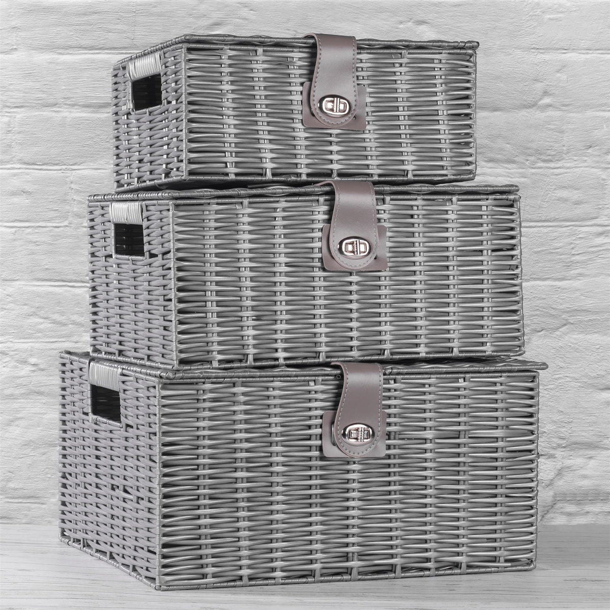 Resin Woven Storage Baskets, Set of 3, Grey