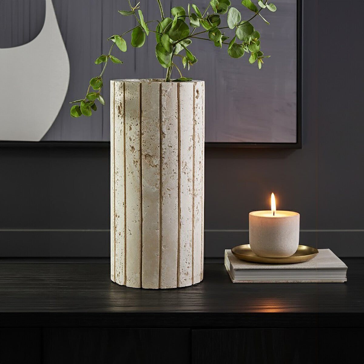 Travertine Ribbed Vase