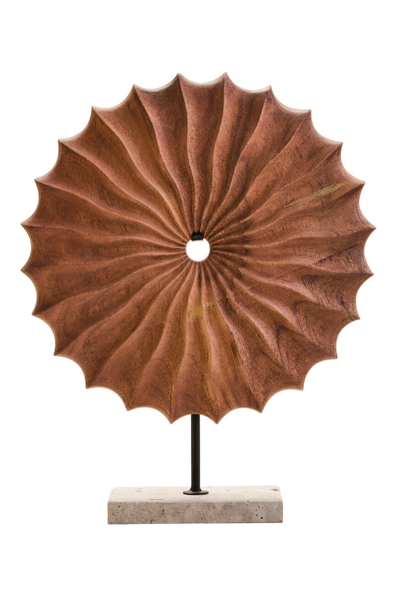Natural Wood Round Sculpture on Travertine Base
