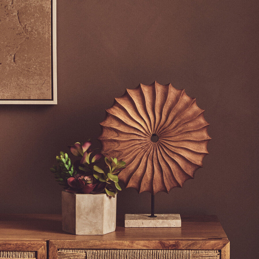 Natural Wood Round Sculpture on Travertine Base