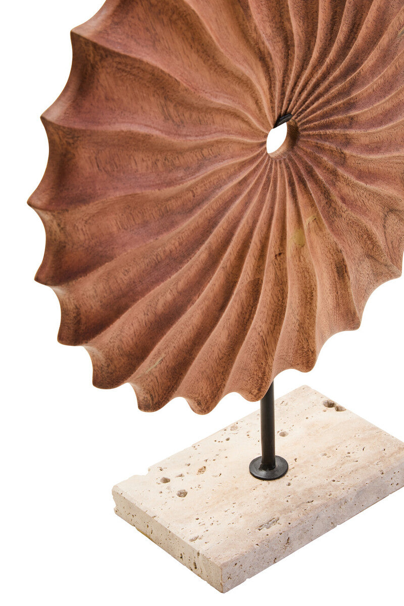 Natural Wood Round Sculpture on Travertine Base