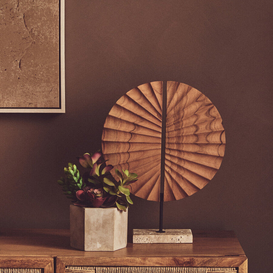 Natural Wood Sculpture on Travertine Base