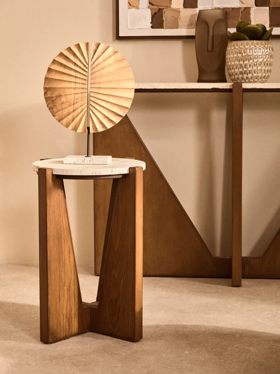 Natural Wood Sculpture on Travertine Base