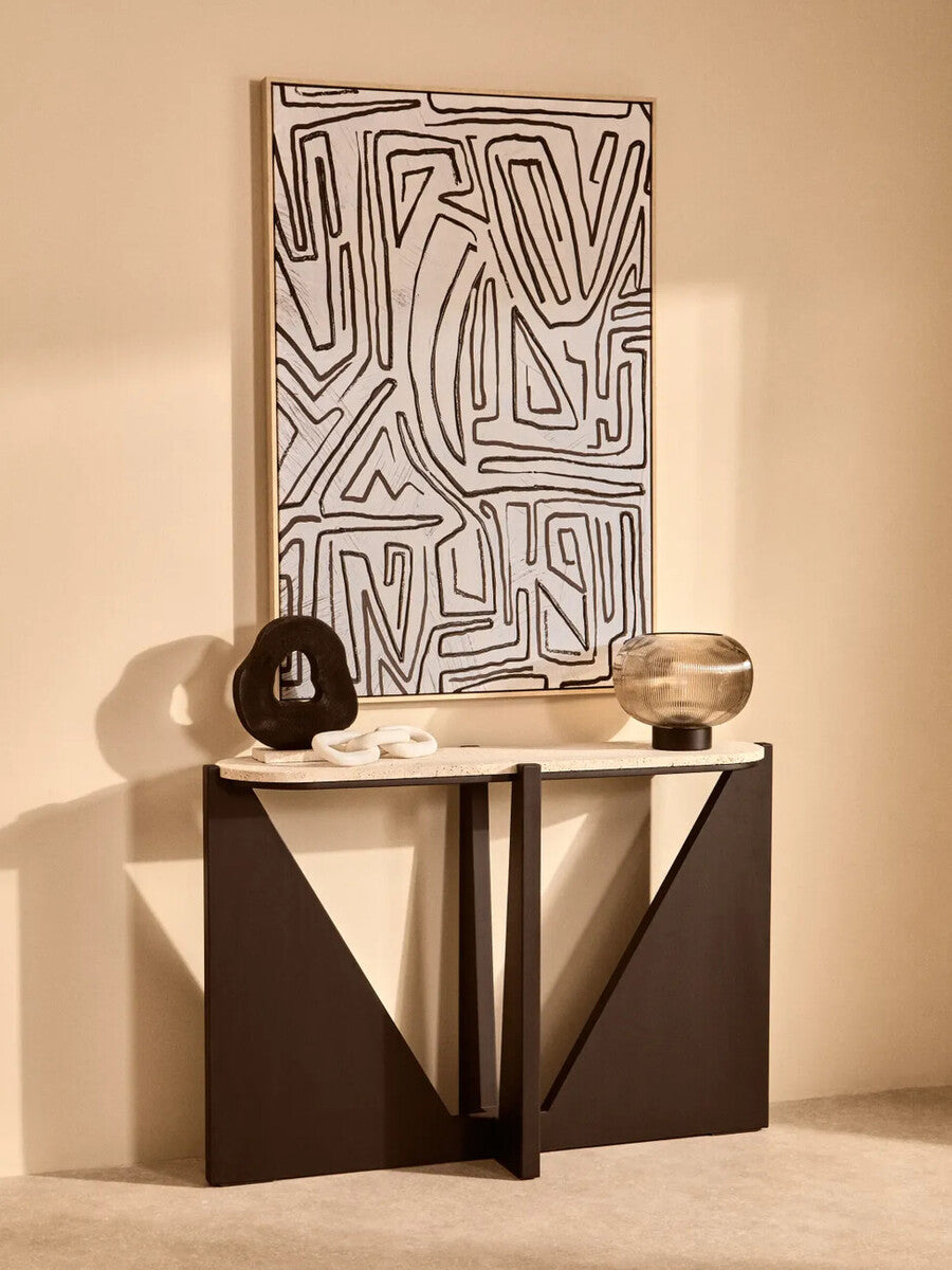 Black Mango Wood Sculpture on Travertine Base
