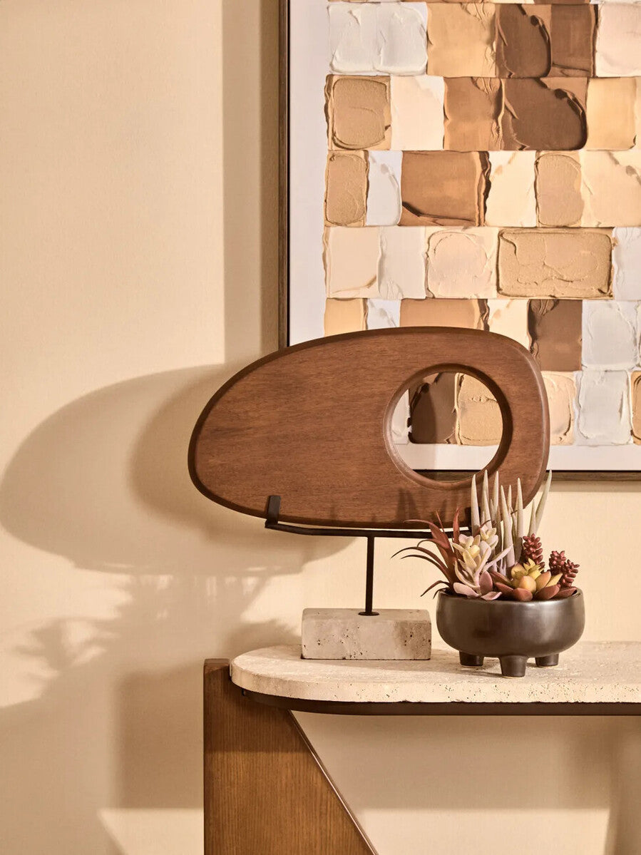Natural Wood Horizontal Sculpture on Travertine Base
