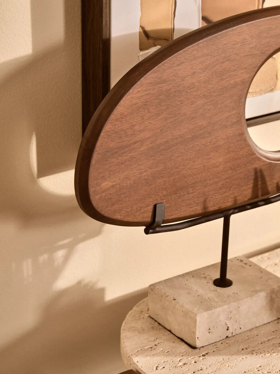 Natural Wood Horizontal Sculpture on Travertine Base
