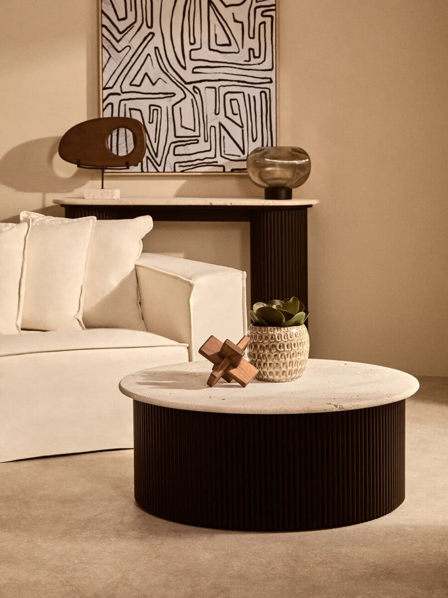 Natural Wood Horizontal Sculpture on Travertine Base