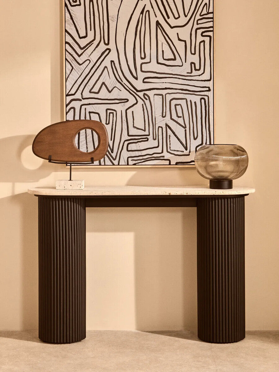 Natural Wood Horizontal Sculpture on Travertine Base