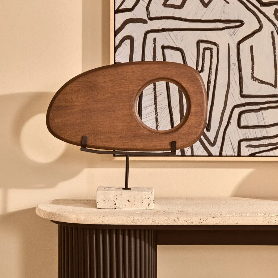 Natural Wood Horizontal Sculpture on Travertine Base