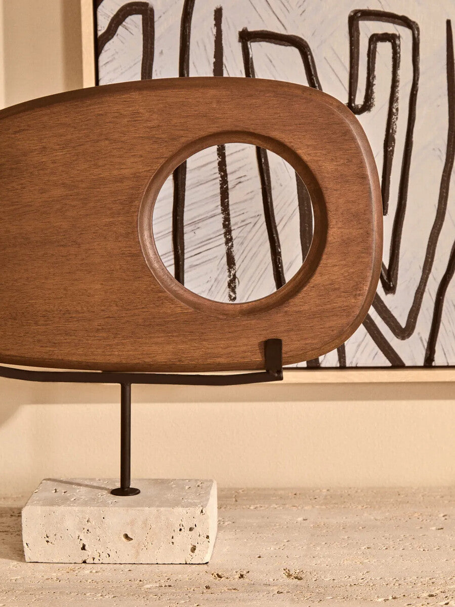 Natural Wood Horizontal Sculpture on Travertine Base