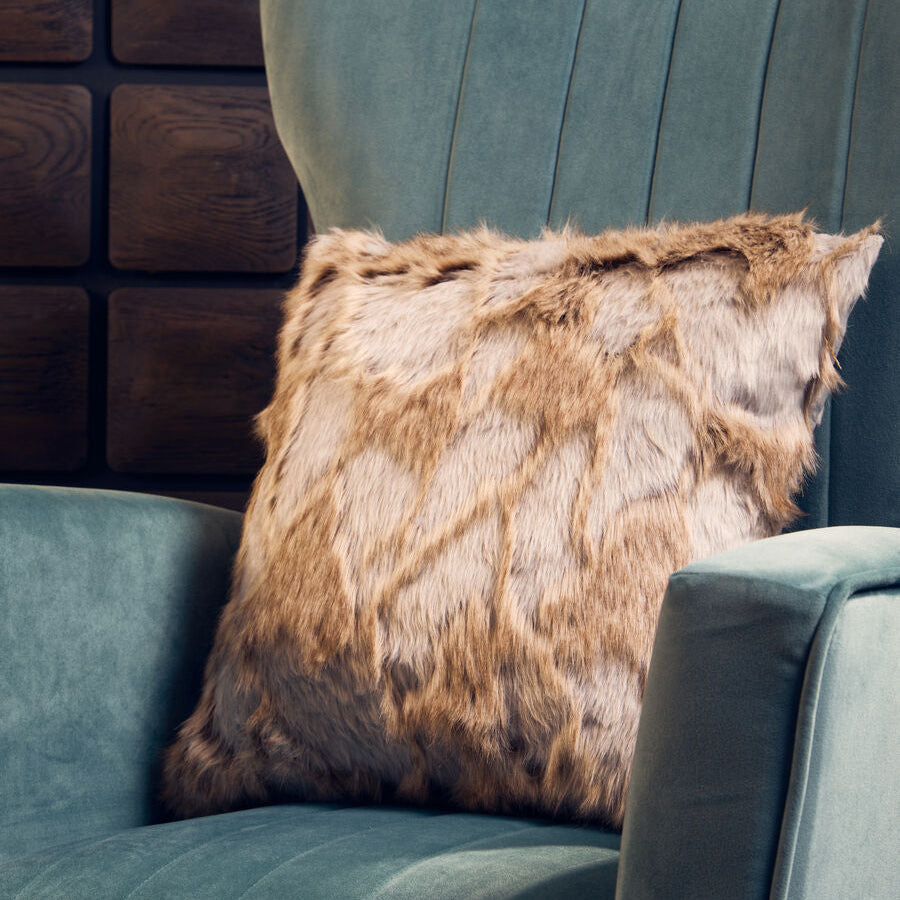 Grey and Natural Faux Fur Square Cushion