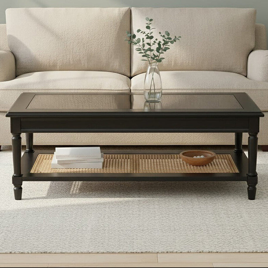 Corso Black Coffee Table with Rattan Shelf