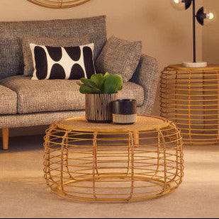 Trento Rattan Round Coffee Table, Antique Gold Frame
