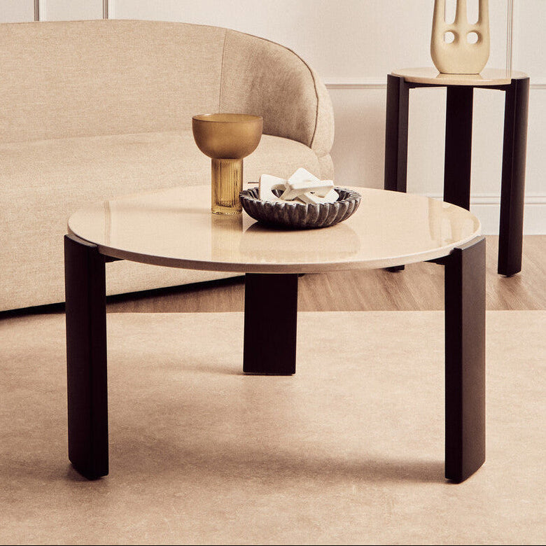 Palermo Cream Marble and Black Acacia Coffee Table, Large Round