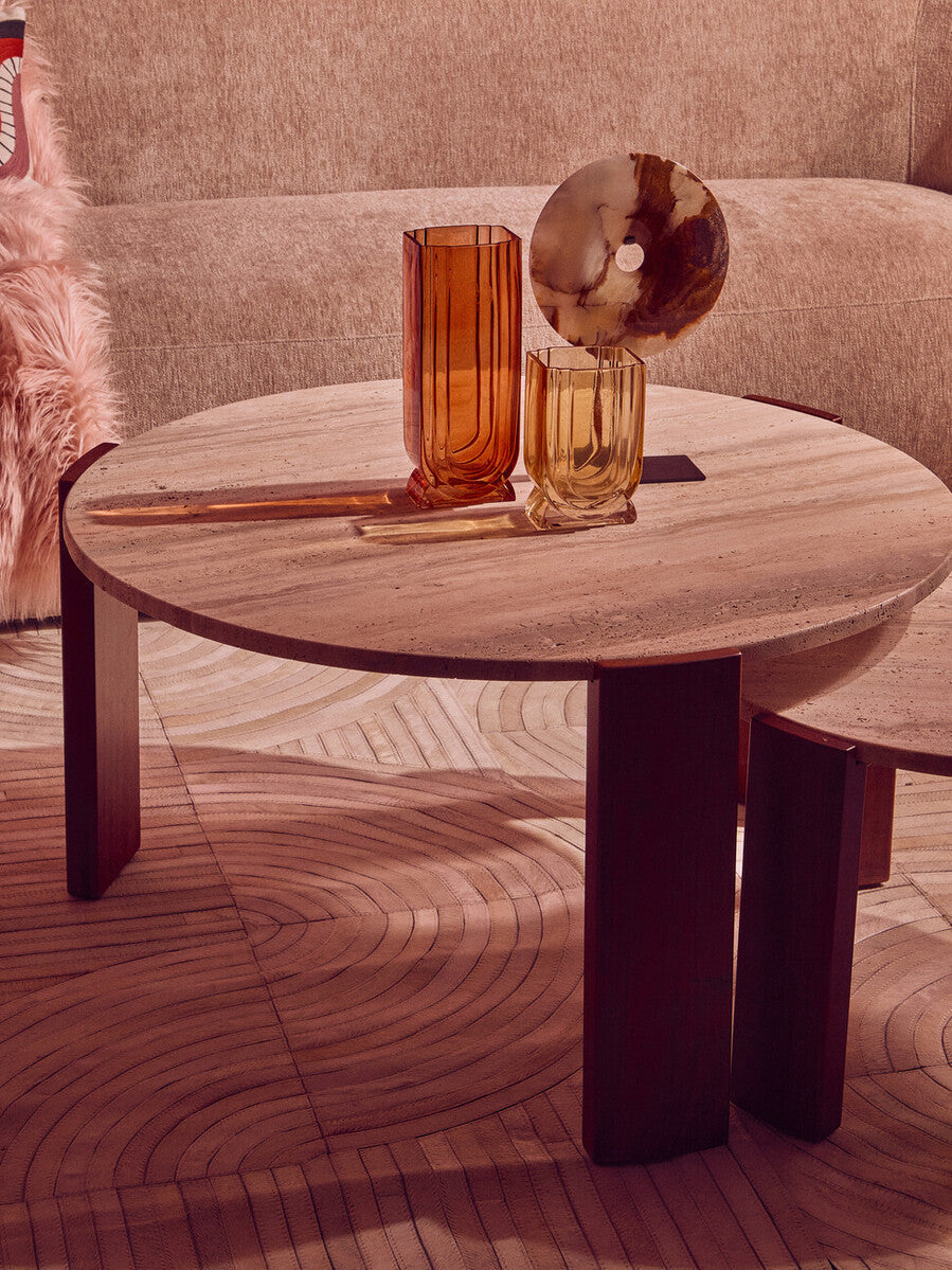 Palermo Travertine and Acacia Coffee Table, Small Round