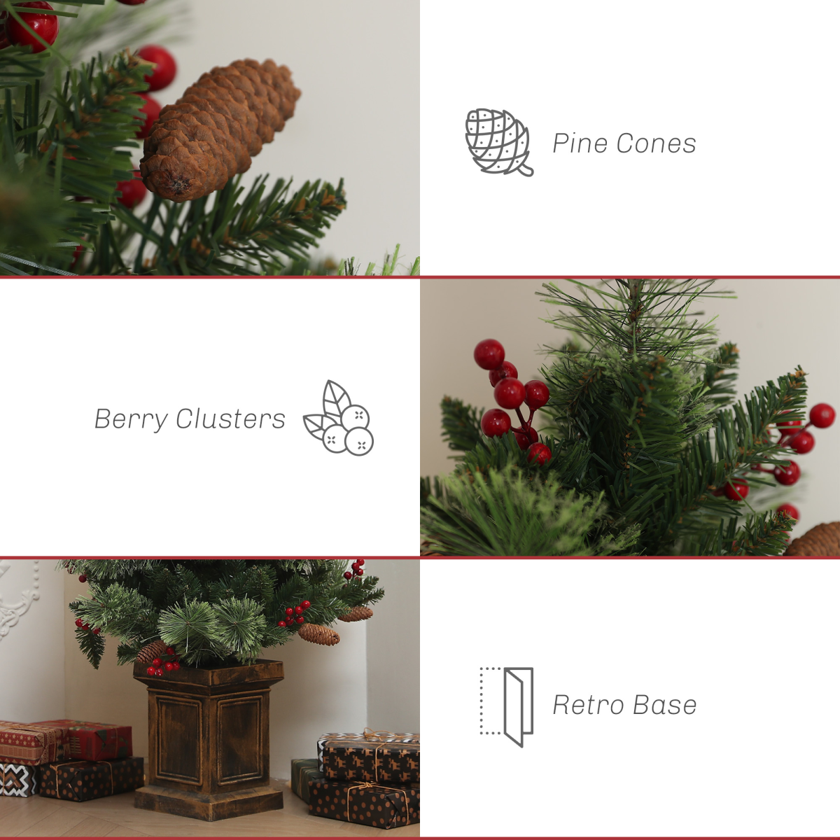 Pre-Lit Christmas Tree with Berries and Pine Cones, 4ft