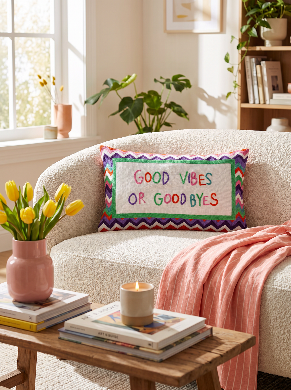 Good Vibes or Good Byes Needlepoint Cushion