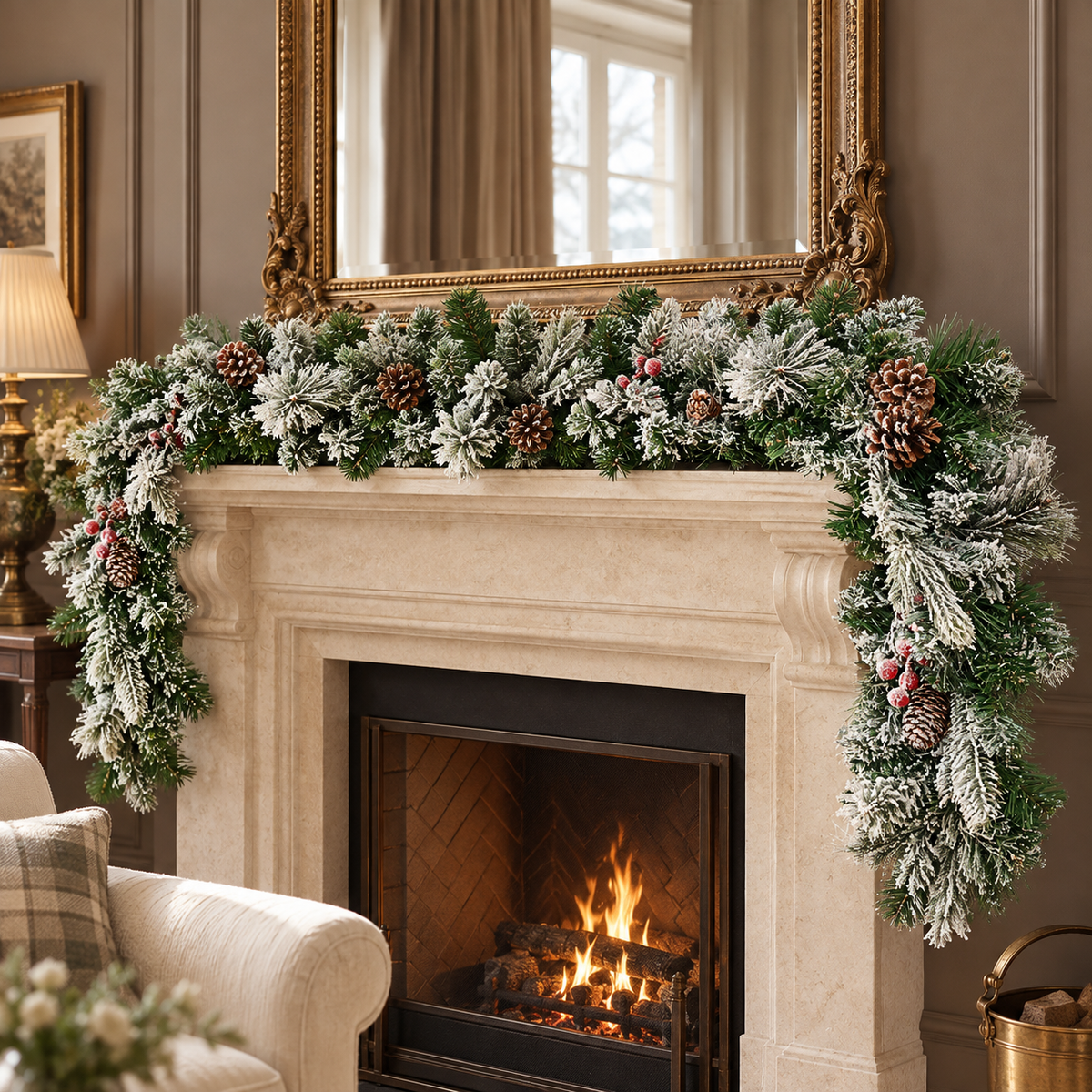 9ft Snow Dusted Christmas Garland with Berries and Pinecones