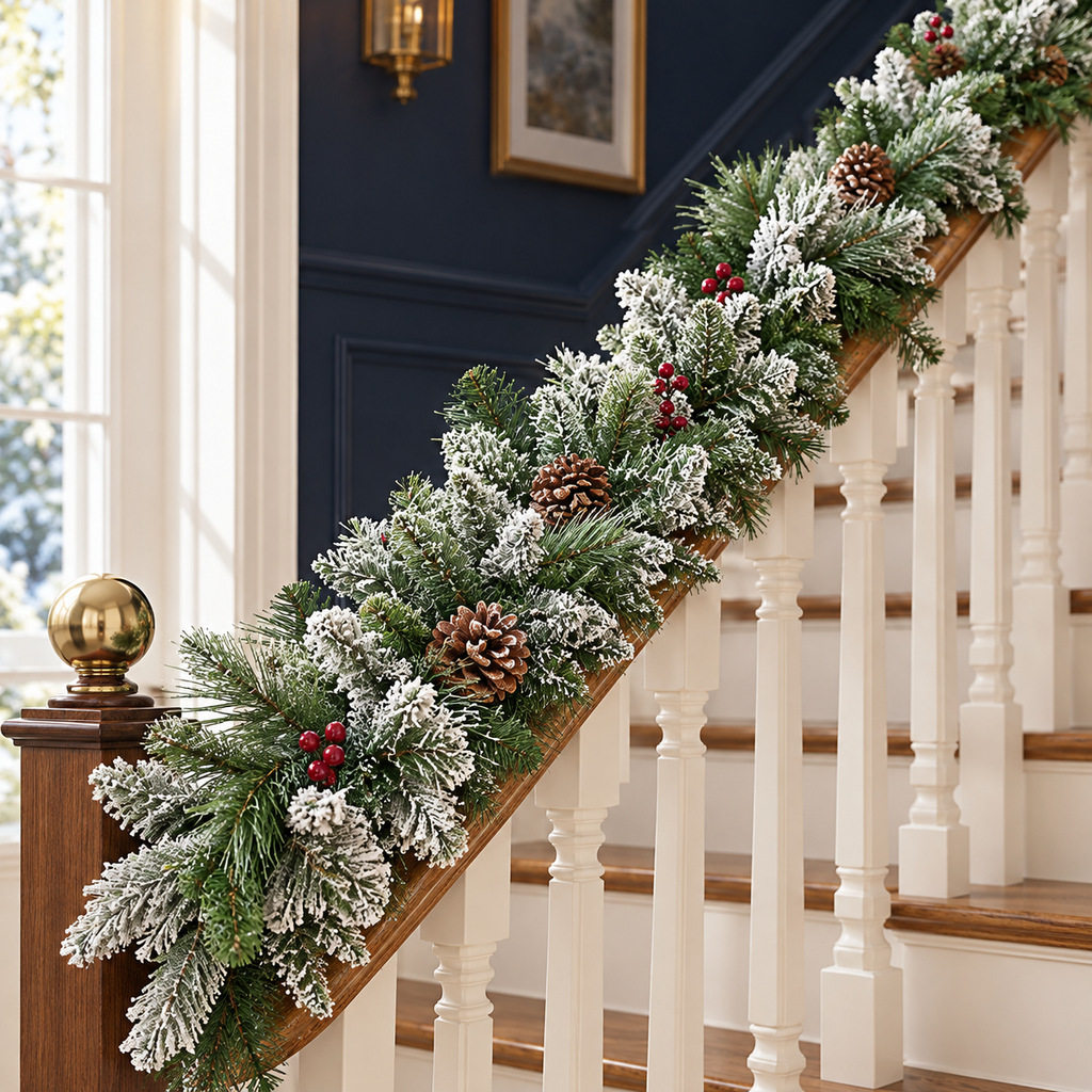 9ft Snow Dusted Christmas Garland with Berries and Pinecones