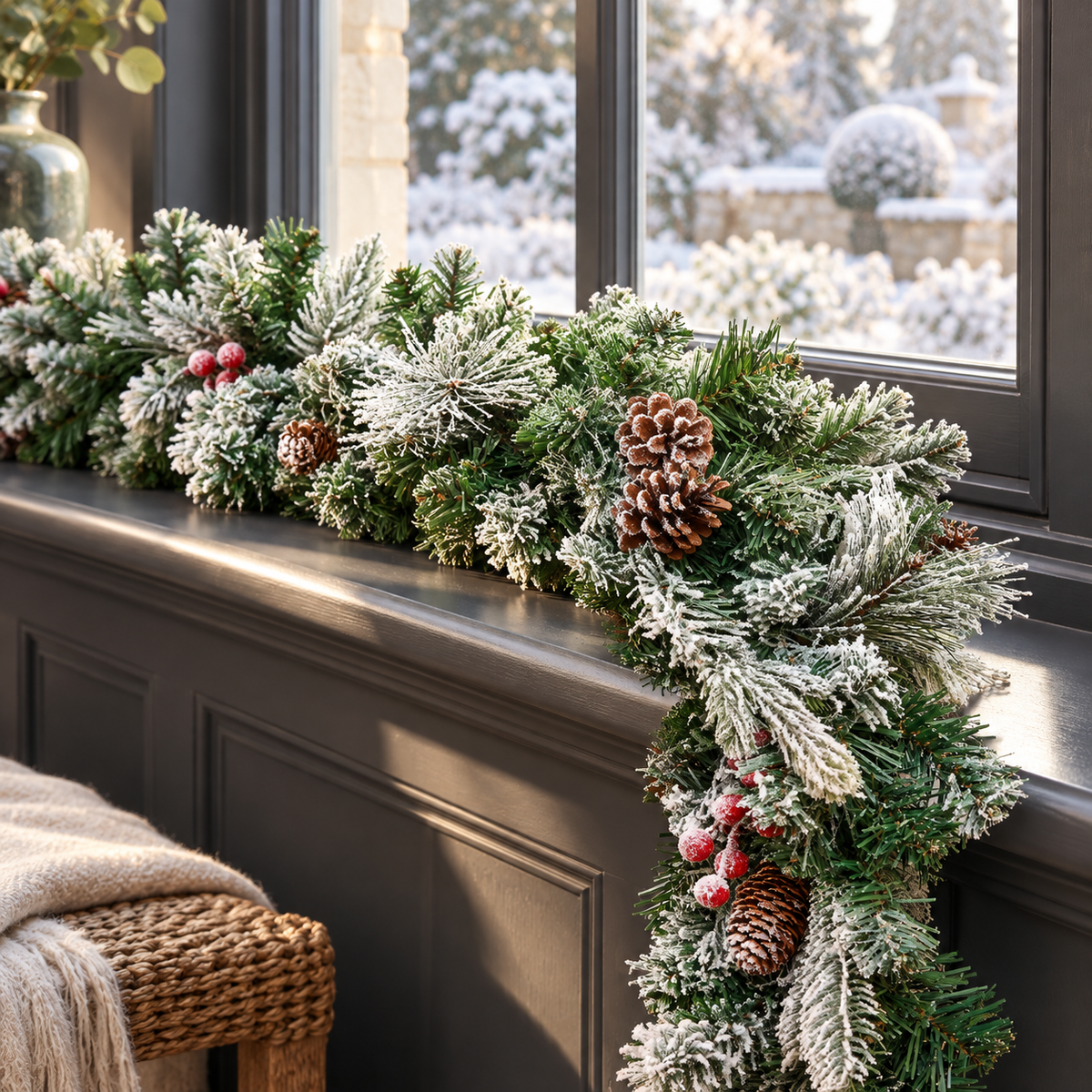 9ft Snow Dusted Christmas Garland with Berries and Pinecones