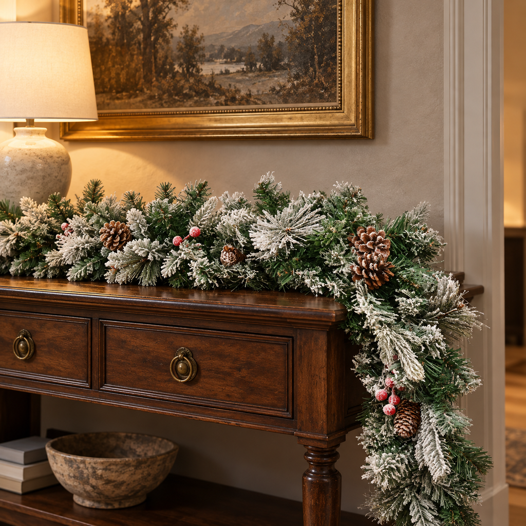 9ft Snow Dusted Christmas Garland with Berries and Pinecones