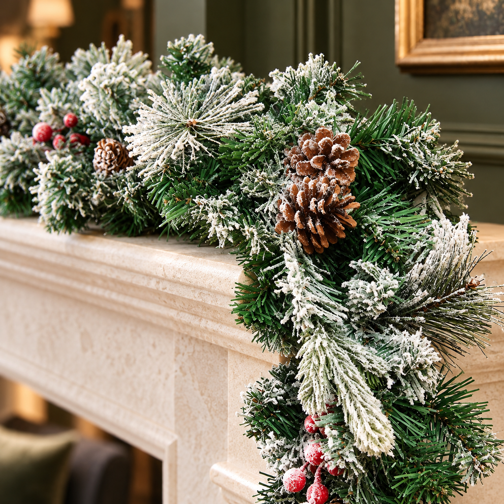 9ft Snow Dusted Christmas Garland with Berries and Pinecones