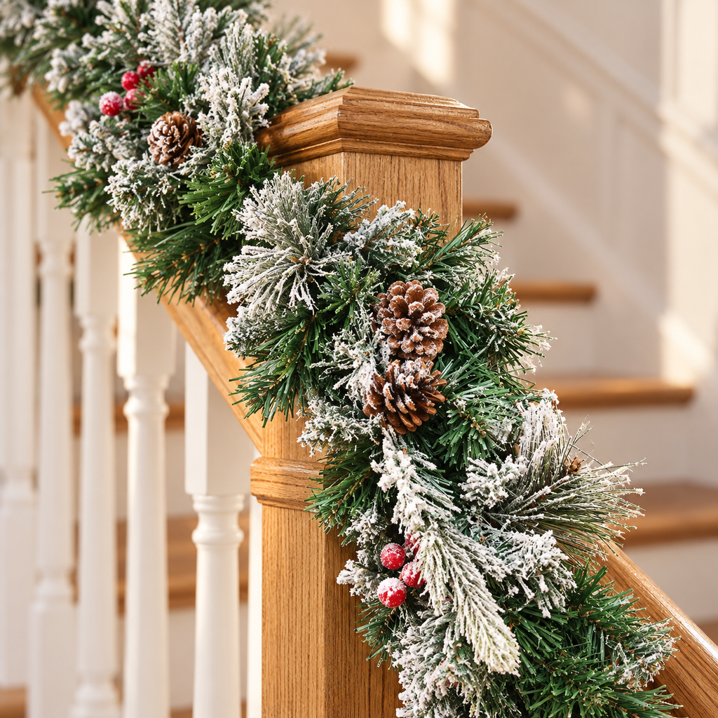 9ft Snow Dusted Christmas Garland with Berries and Pinecones