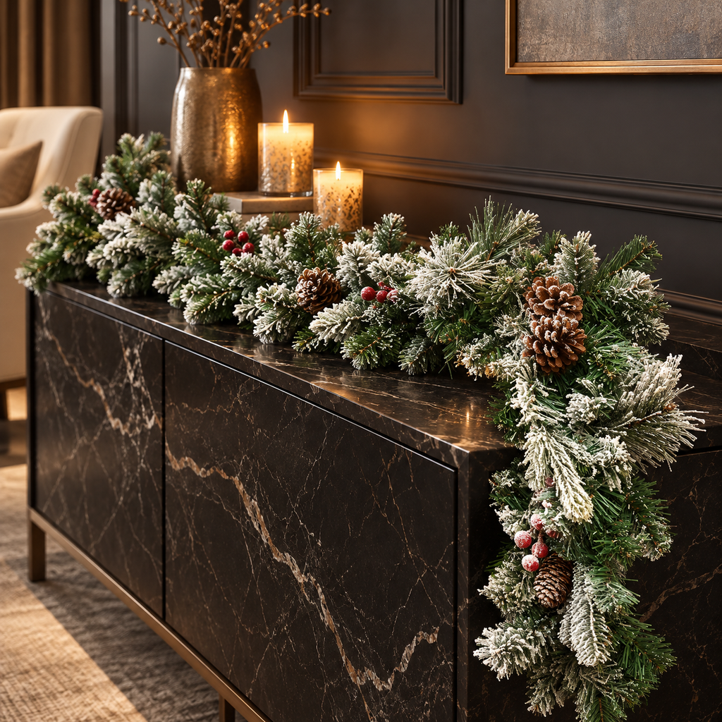 9ft Snow Dusted Christmas Garland with Berries and Pinecones