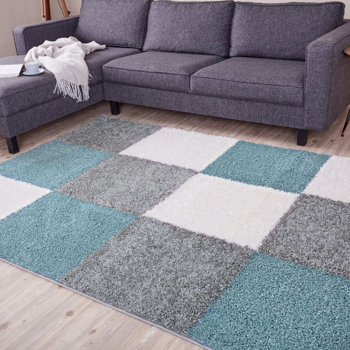 Geometric Duck Egg Blue Shaggy Rug