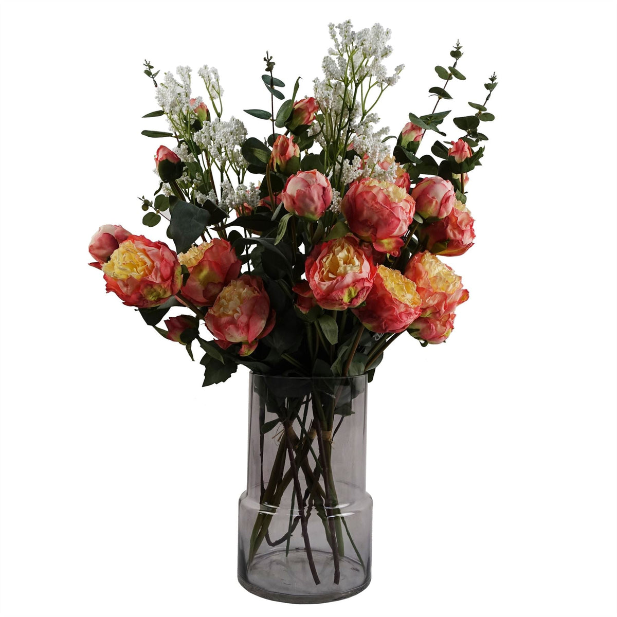 Artificial Peony and Eucalyptus Arrangement with Grey Glass Vase