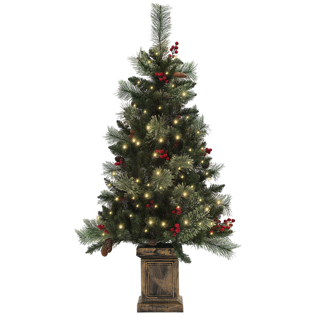 Pre-Lit Christmas Tree with Berries and Pine Cones, 4ft