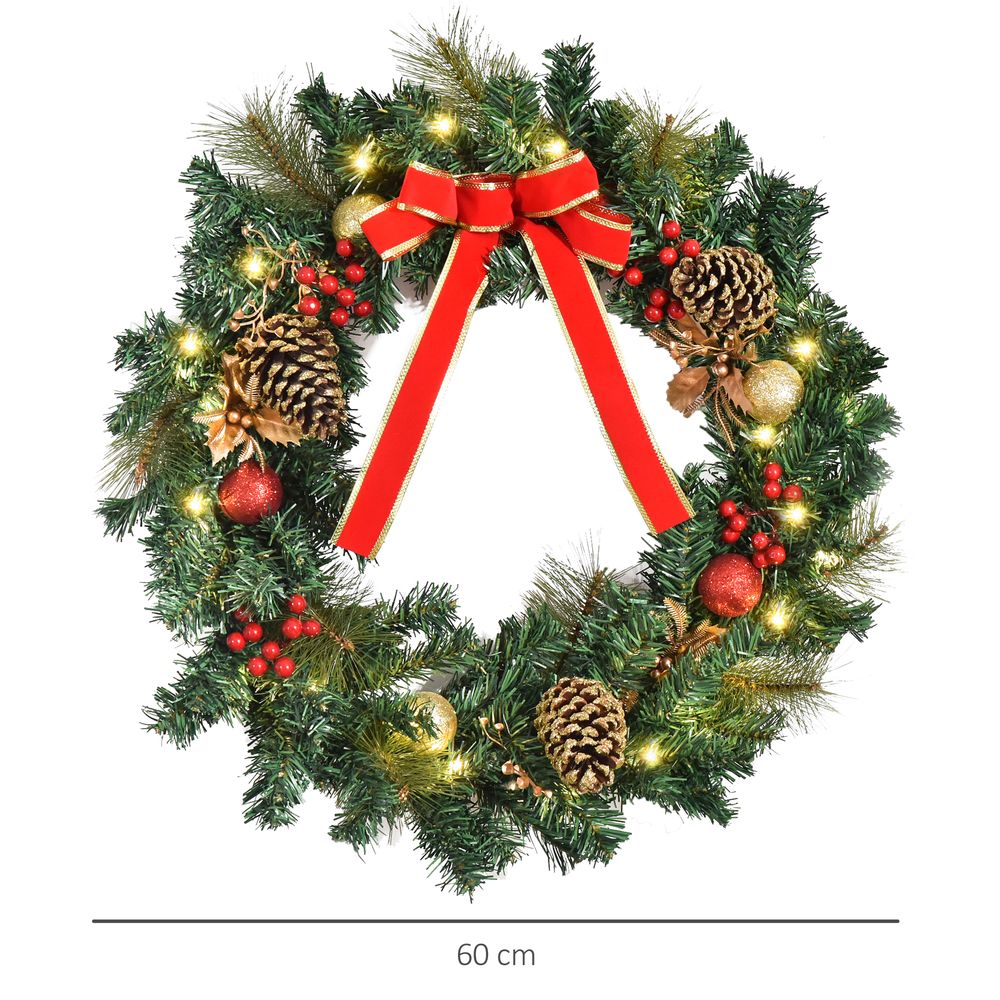Pre-Lit Holly Christmas Wreath, 60cm