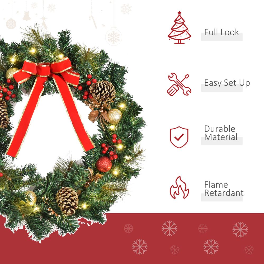 Pre-Lit Holly Christmas Wreath, 60cm
