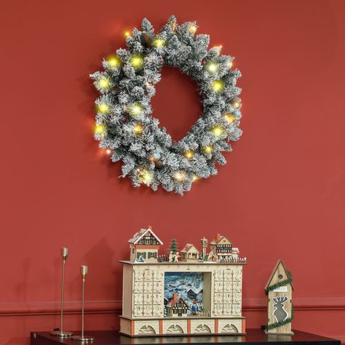 Pre-Lit Flocked Christmas Wreath, 60cm
