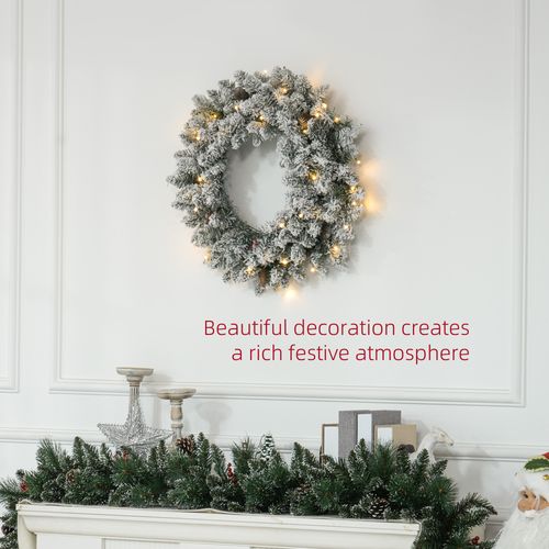 Pre-Lit Flocked Christmas Wreath, 60cm